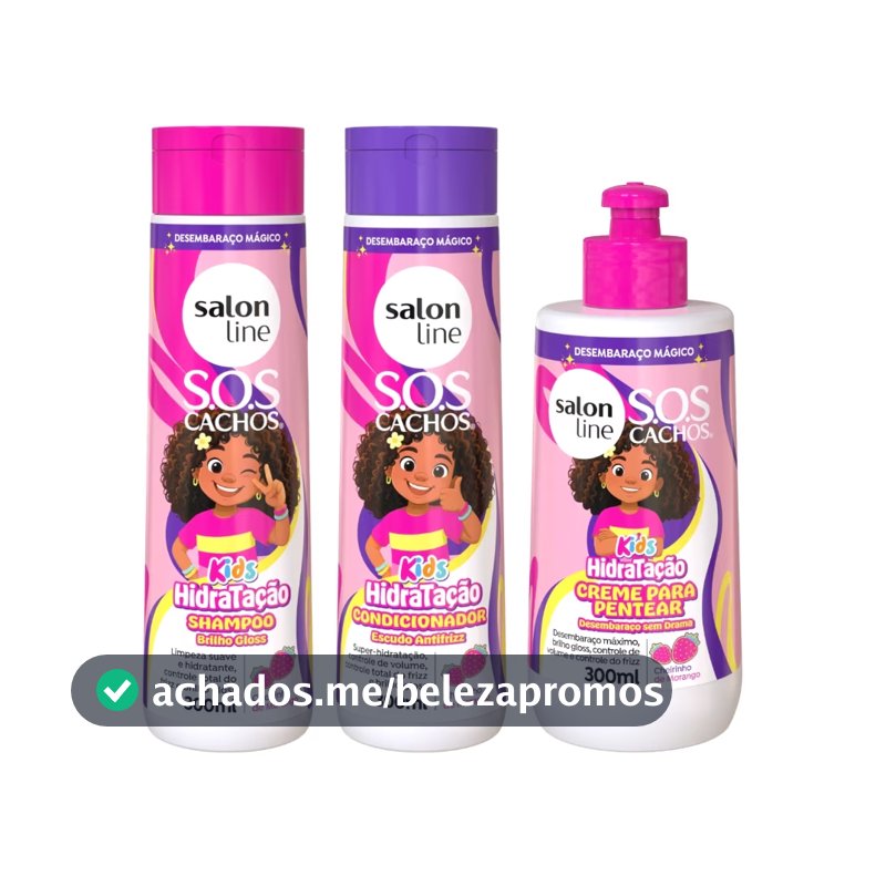 Kit Shampoo + Condicionador + Creme para Pentear 300ml SOS Cachos Kids Hidratação Salon Line