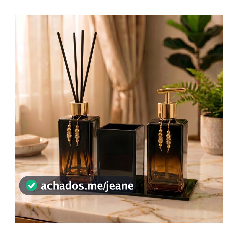 Kit de Banheiro 3 Peças Lavabo Sabonete Liquido Difusor de Ambientes Vidro + Porta Escova + Bandeja