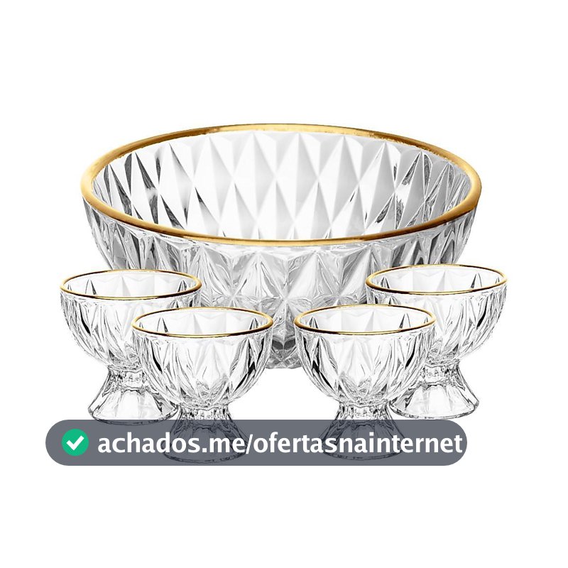 Conjunto 1 Bowl 1L e 4 Taças 120ml Diamond Lyor Cristal com Fio de Ouro para Sobremesas Doces Frutas Mousse Pavê 5 Peças
