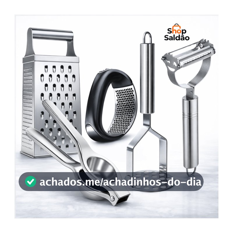 Kit Utensílios Inox 3 ou 5 Peças – Amassador, Espremedor, Descascador e Mais (Escolha a Variação)