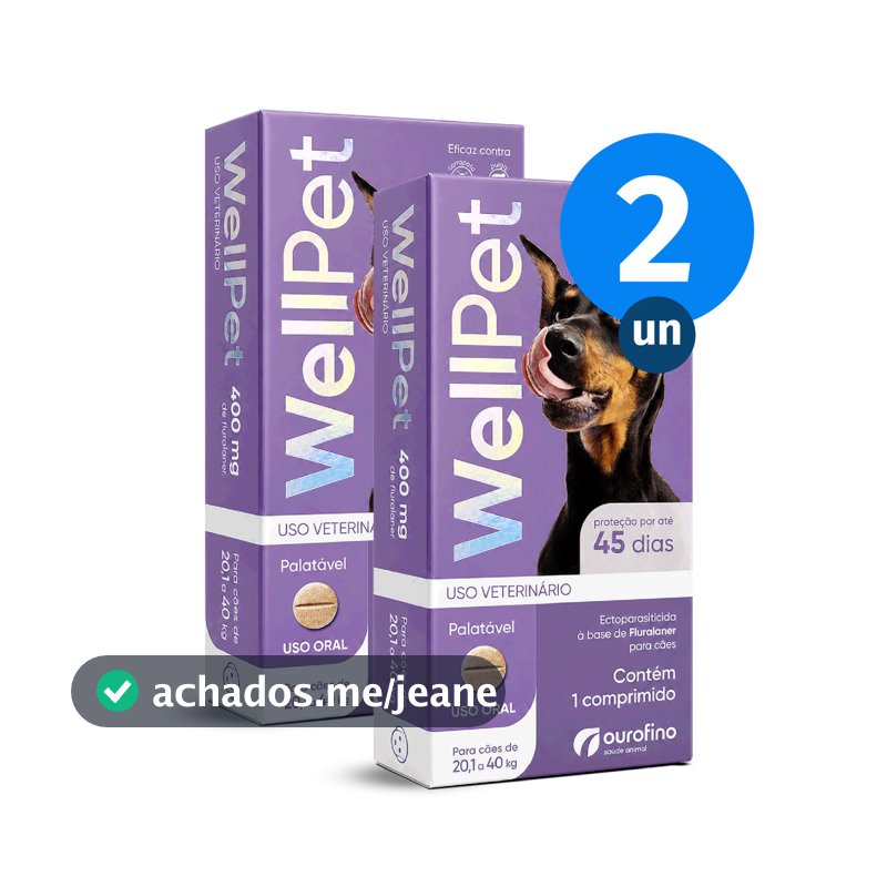 Kit 2x WellPet 400mg Antipulgas e Carrapatos para Cães de 20,1 a 40kg 1 Comprimido Ourofino
