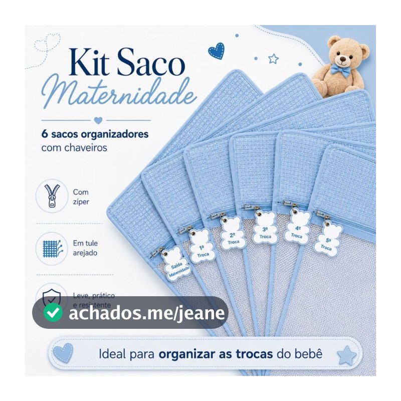 Kit com 6 Sacos Organizador Mala Maternidade e Viagem de Bebê Com Bordado Urso