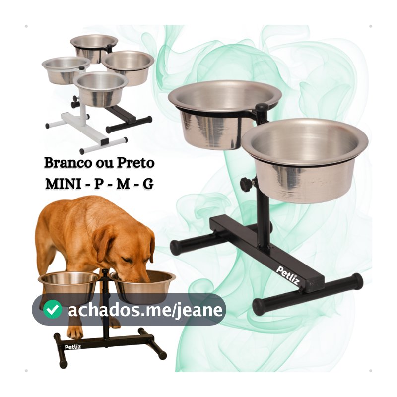 Comedouro Duplo Elevado Alto Ajustável Regulável pra Cachorro P, M, G e Mini Gatos/Filhotes - Petliz