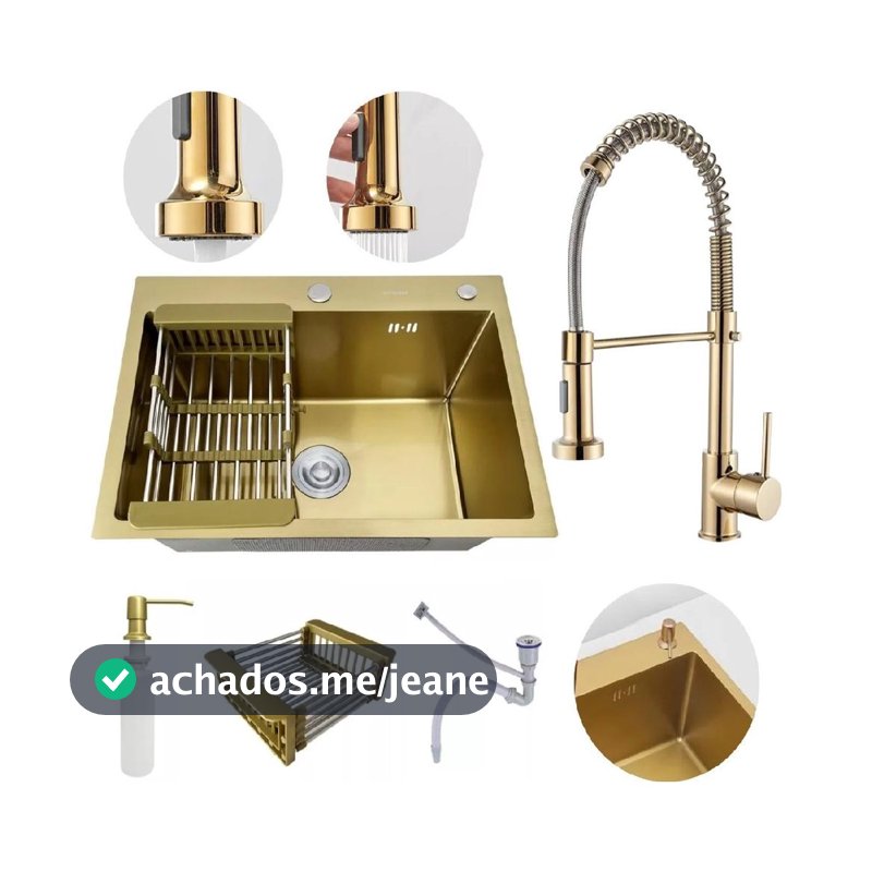 Cuba Inox Gourmet Dourada Quadrada Cozinha Torneira Flexivel