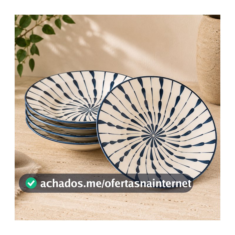 Jogo 6 Pratos Fundos Aurora Azul 22,5 cm em Cerâmica estampado