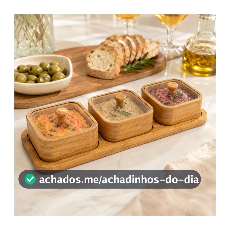 Petisqueira com 3 ou 6 Potes Tampa de Acrílico e Bandeja para Servir em Bambu Natural Pronta Entrega