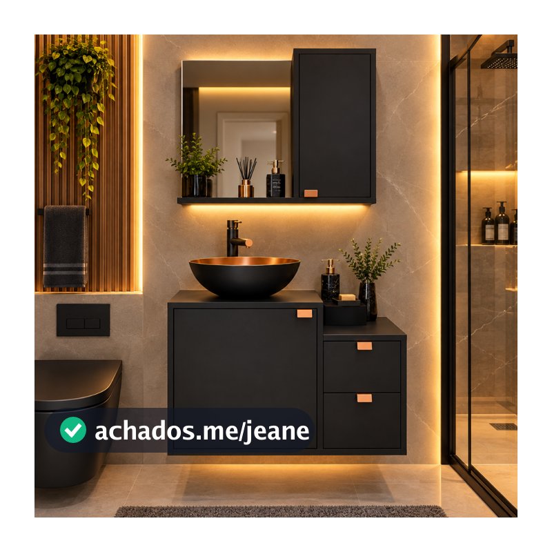Kit Banheiro Suspenso Completo Preto Luxo Com Cuba Espelho E Gavetas Modernas