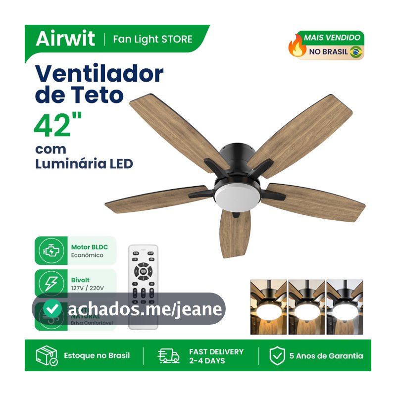 Airwit 42 inch 5 Pás Ventilador de Teto com Luminária LED 127/220 Volts Controle Remoto Silencioso Econômico