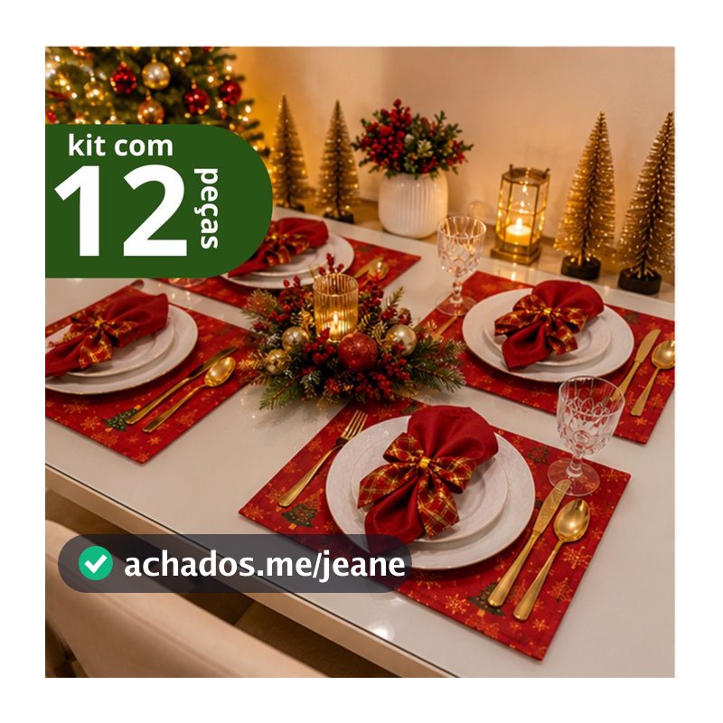Kit Mesa Posta Natal com Laço 4 Lugar Americano + 4 Guardanapo + 4 Anel de Guardanapo