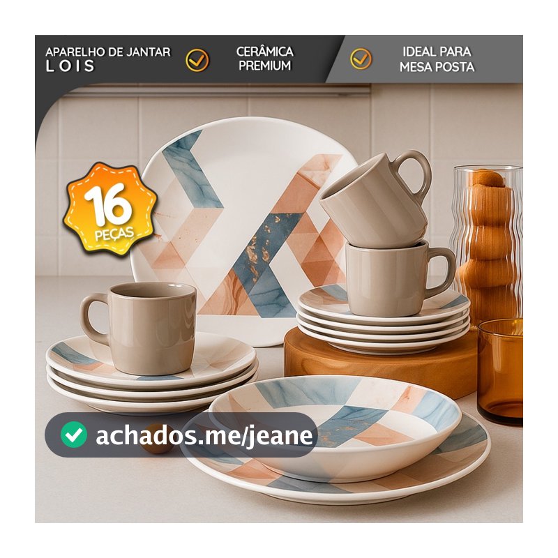 Aparelho de Jantar 16 Peças Lois Cerâmica Premium Ideal para Mesa Posta