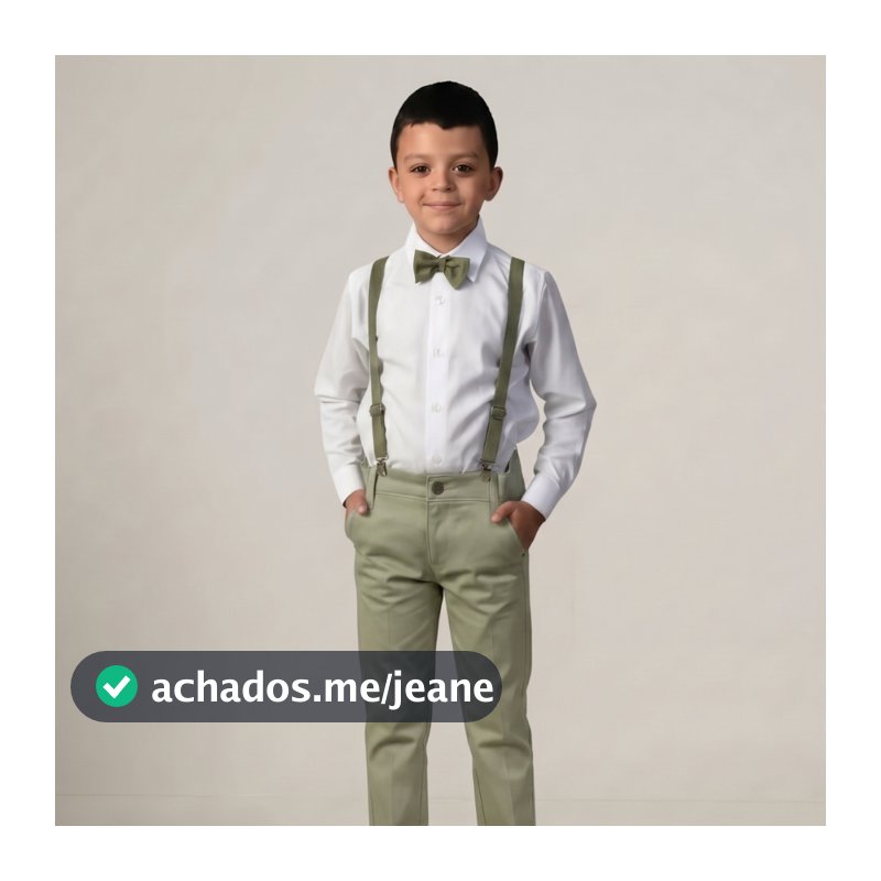 Conjunto Social Infantil Verde Oliva Menino Roupa Pajem Casamento Batizado Camisa Calça Suspensório 1 a 16 Anos