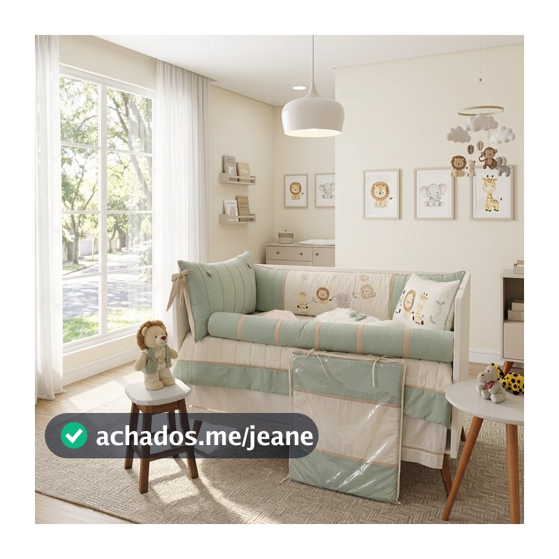 Kit Berço Americano Bordado Friends Safari 10 Peças Verde Erva Doce com Linho