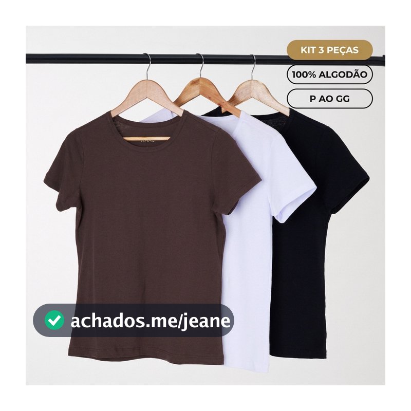 Kit 3 Camisetas Femininas Básicas Gola Redonda Lisa T-shirt Algodão Preta Branca Marrom HAAG