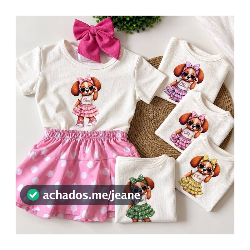 Conjunto Infantil Menina Saia Short Poá Bolinha Rosa Estampa Urso Cachorrinho