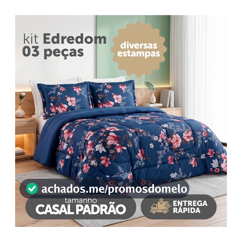 Kit Edredom Naturale Cama Casal Padrão 03 Peças Micropercal 200 Fios Dupla Face