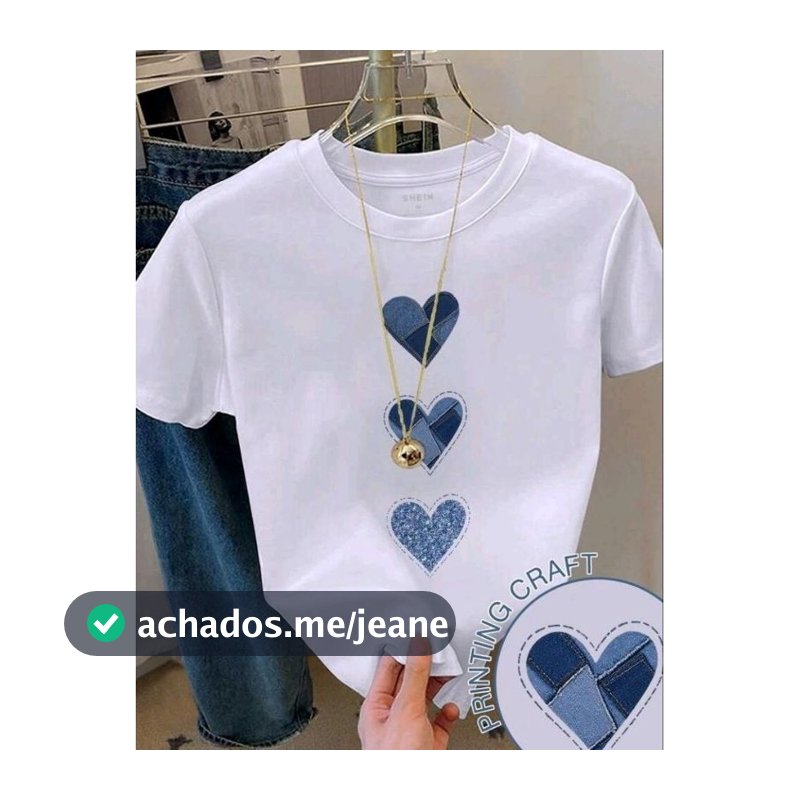 Camiseta Casual Diária Feminina 100% algodão de Gola Redonda com Bloco de Cores e Estampa de Coração