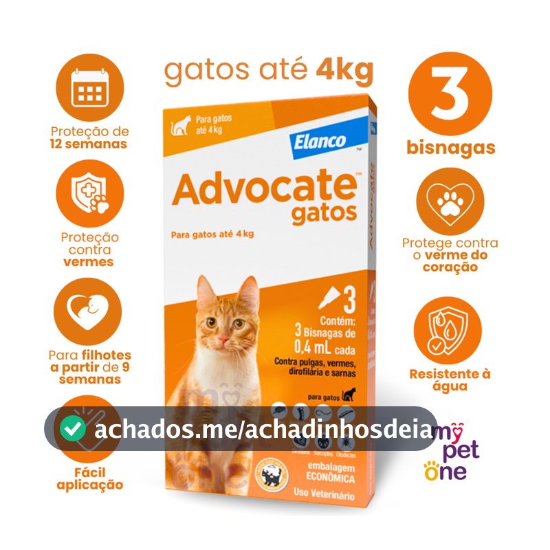 Advocate Elanco 0,4 mL para Gatos até 4 Kg - 3 Bisnagas