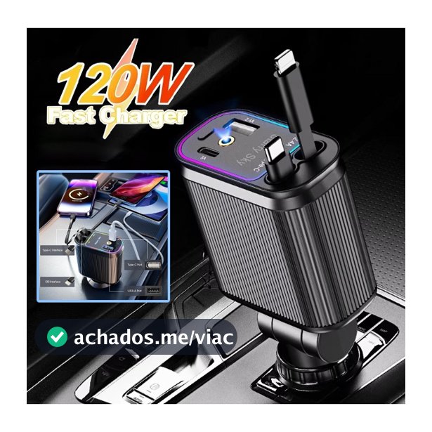 Carregador de carro retrátil com luz LED, carregador de carro rápido 4 em 1 de 120 W Super turbo para iPhone e Android