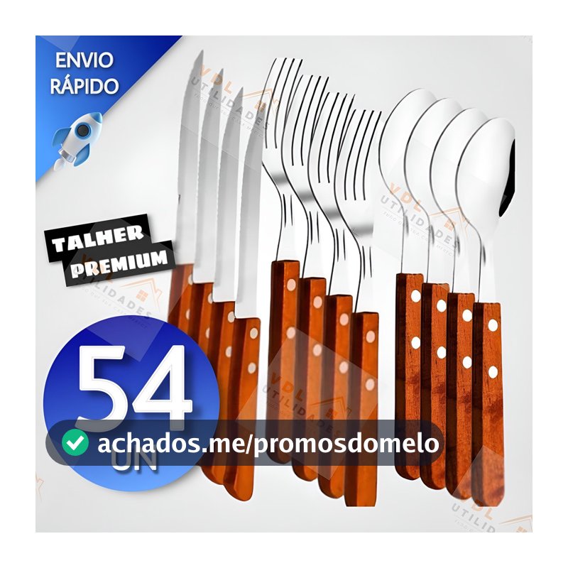 Jogo de Talheres Cabo Madeira 54/36/18 peças Aço Inox Facas Garfos e Colheres de Mesa Casa Para Restaurante
