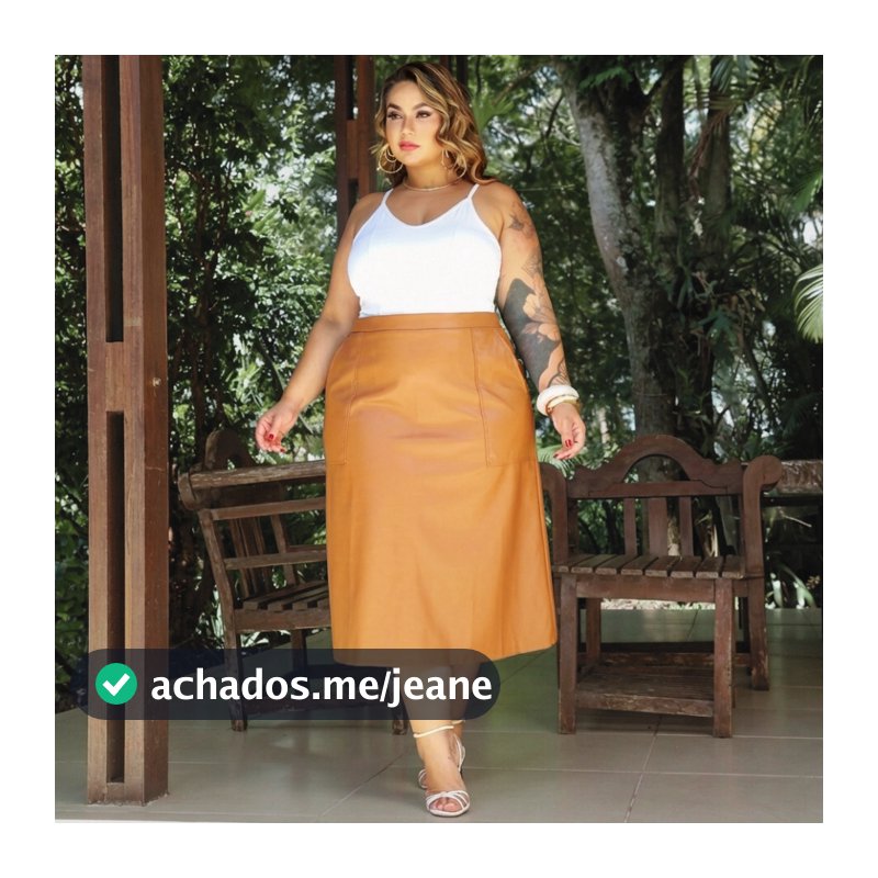 Saia Midi Couro PU Moda Plus Size Confortável Estilosa Festa Lia Rosa Casual Curve Tendência