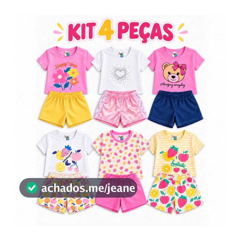 Kit 4 Peças 2 Conjuntos Feminino Menina Infantil Manga Curta Algodão Escola Dia a Dia Camiseta Bermuda Uniforme Blusa