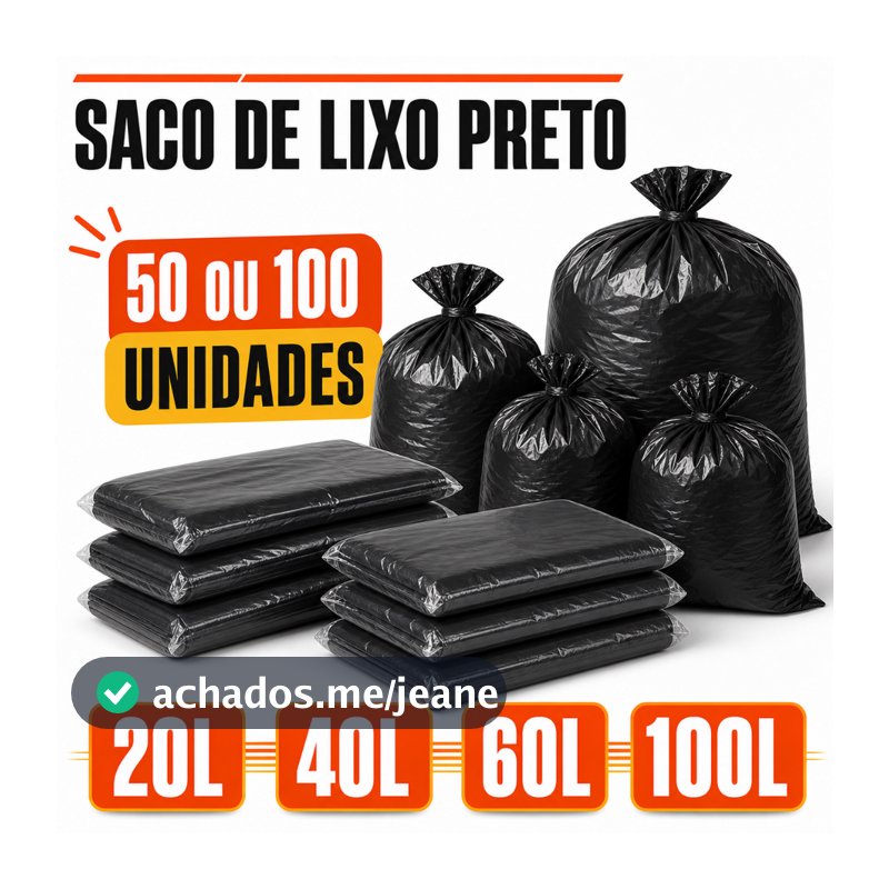 Saco de Lixo Preto Resistente 20L 40L 60L 100 litros Pacote com 50 ou 100 Unidades