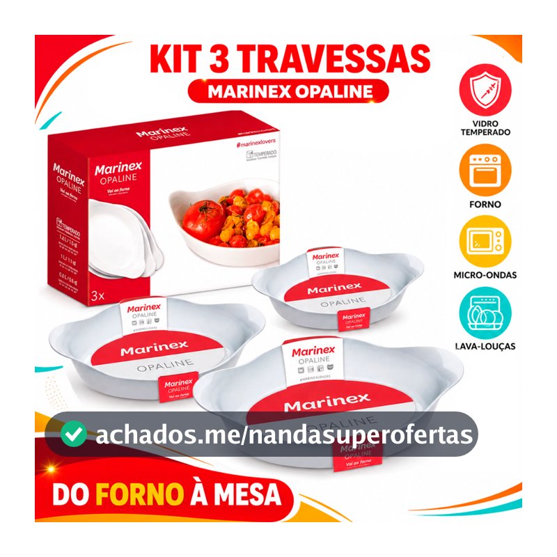 Conjunto Jogo de tigelas 3 peças Travessas Assadeira Oval Opaline Vidro Temperado kit tigela Branca