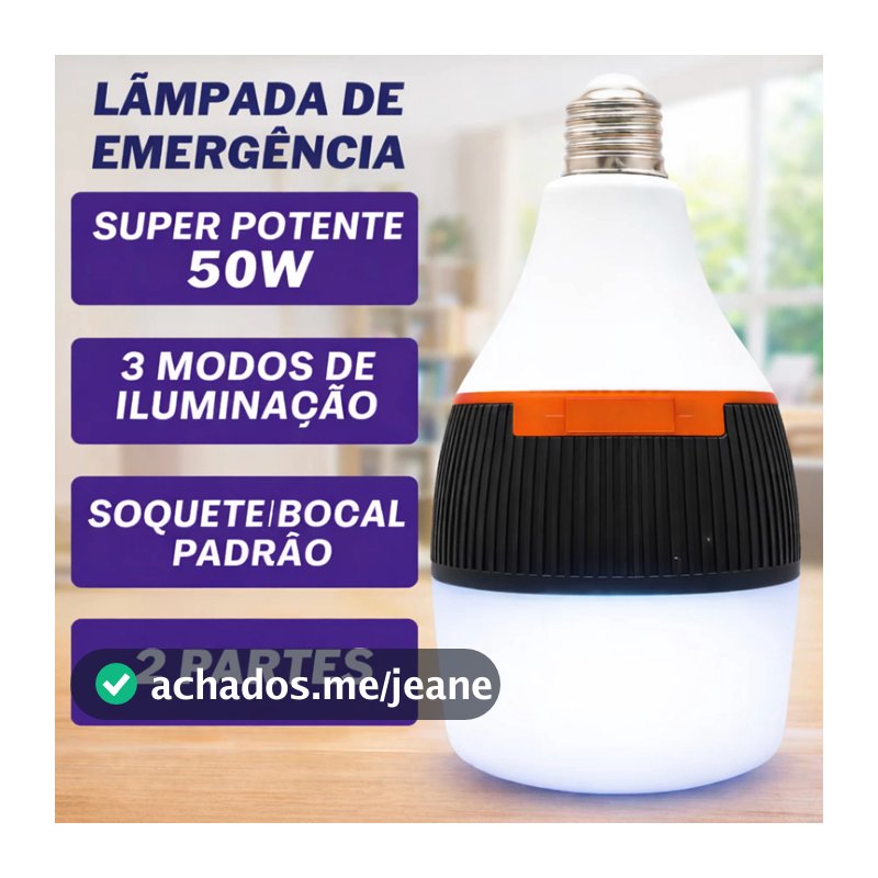 Lâmpada de Emergência LED 50W/30W Bivolt – Dura 6h sem Energia, Portátil, Recarregável