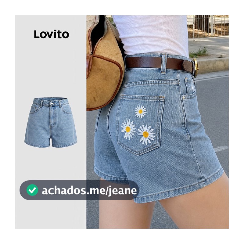 Lovito Shorts Jeans Casual Azul Estampado Em Bordado Primavera/Verão Feminino DSK8P1D639