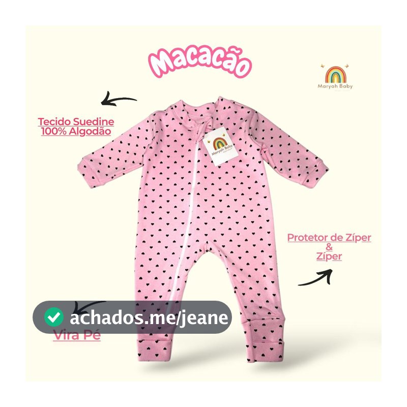 Macacão de Bebê Vira Pé Coração Com Zíper Suedine 100% Algodão Moda Infantil