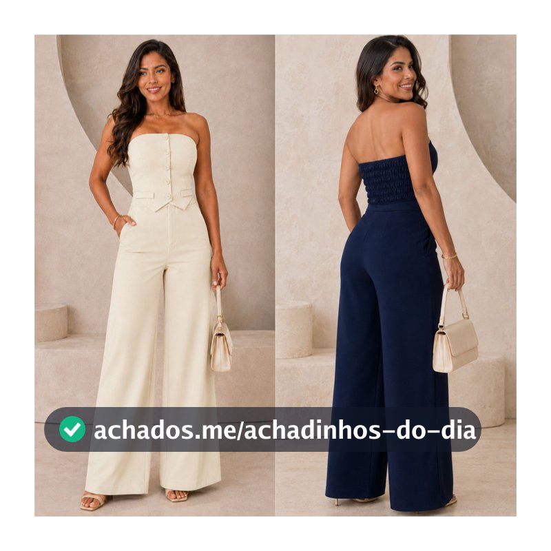 Conjunto Alfaiataria Cropped Tomara que Caia Social Elegante Calça Pantalona Blusa Elástico Lastex Botão Verão Feminino