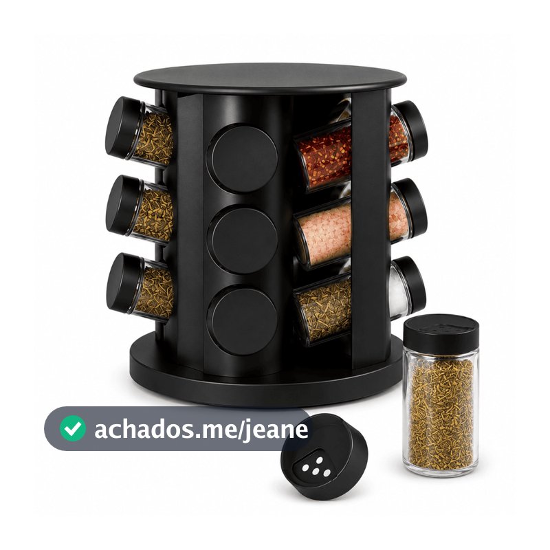 Porta Temperos 9 Potes Giratório Preto Organizador de Cozinha Organização Bancada Premium Condimento