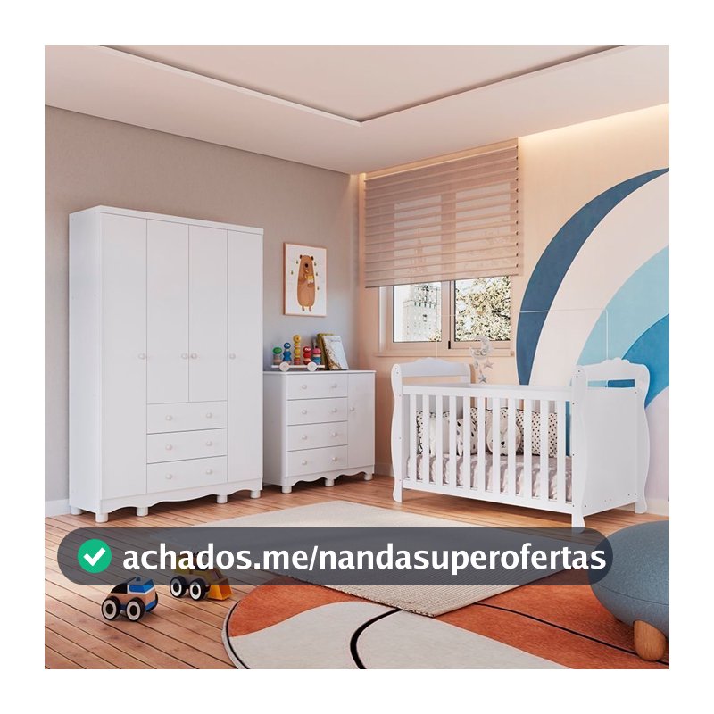 Quarto de Bebê Completo Berço 3 em 1, Cômoda e Guarda Roupa 100% MDF Nina Espresso Móveis Branco Branco Brilho