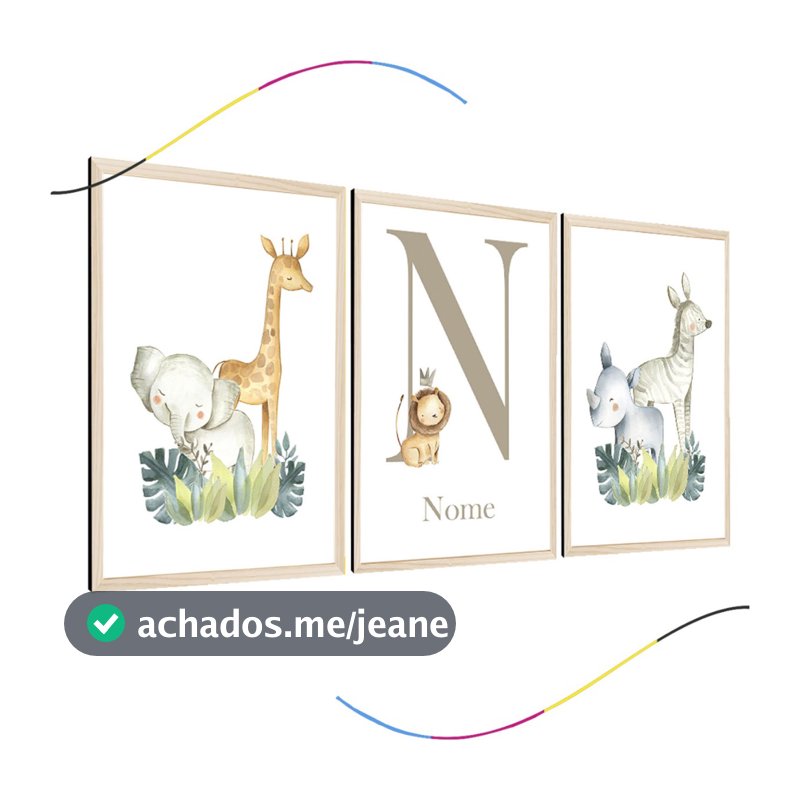 quadro decorativo infantil safari personalizado bichinhos 3 peças, safari, leão, leaozinho, infantil