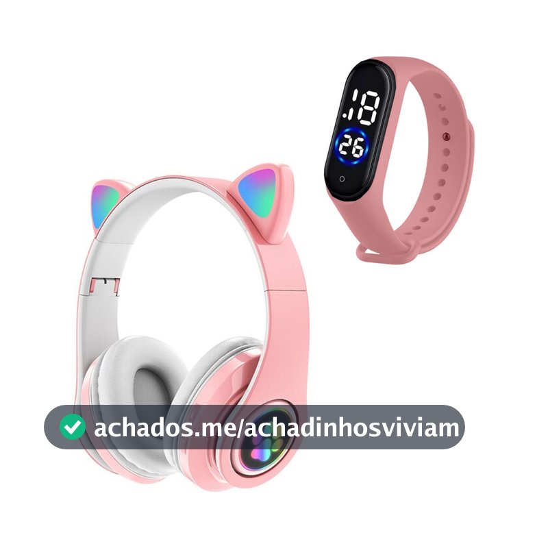 Fone Ouvido Fone Gatinho Fone Bluetooth Adulto Crianças + Relógio Led Relógio Esportivo Prova D'água