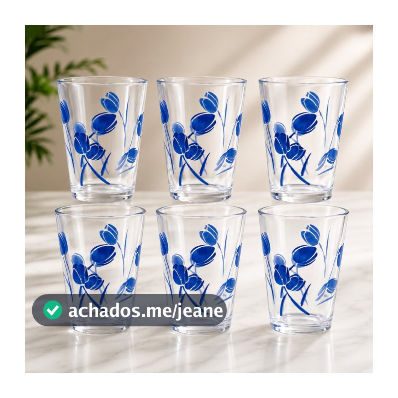 Conjunto de 6 Copos de Vidro Decorados 220ml – Estampas Variadas | Copos para Água, Suco, Refrigerante e Drinks