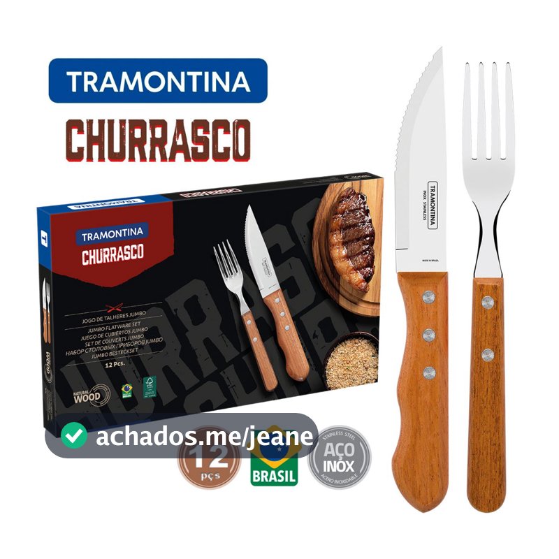 Jogo para Churrasco Tramontina Jumbo 12 Peças em Aço Inox e madeira Natural