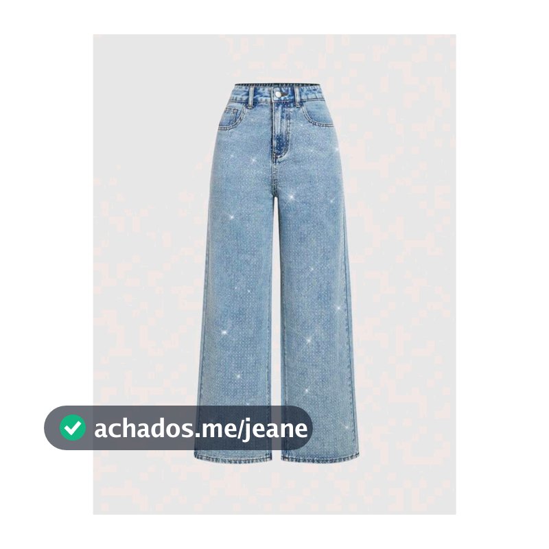 Calça Jeans Feminina Pantalona Wide Leg Com Bolsa Cintuta Alta Com Glitter