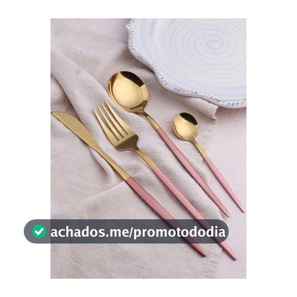 Jogo de Talheres Slim de Luxo Louça Inox Dourado com Rosa Utensílios de Cozinha Talher Kit 4 Peças Suplat