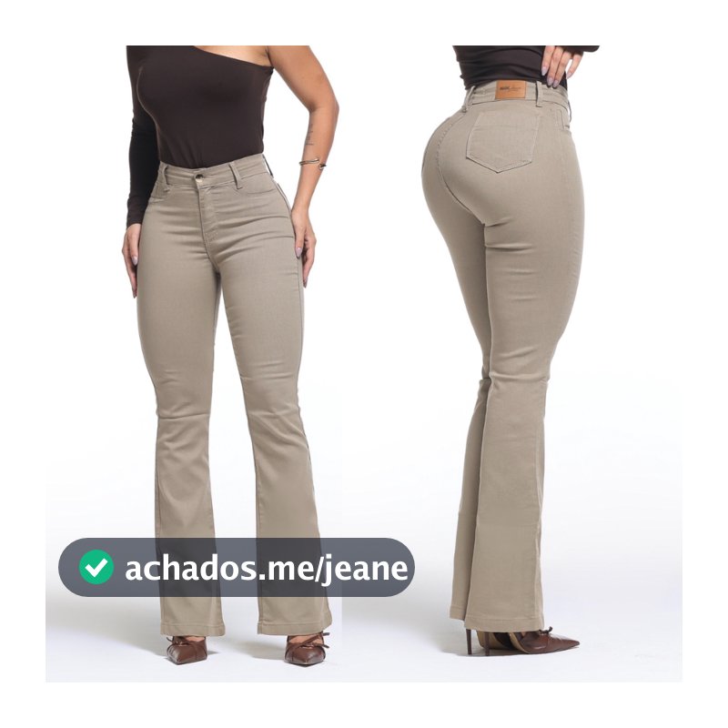 Calça Feminina Flare Pantalona Bege Jeans Premium Empina Bumbum Boca de Sino Cos Alto Com Elastano