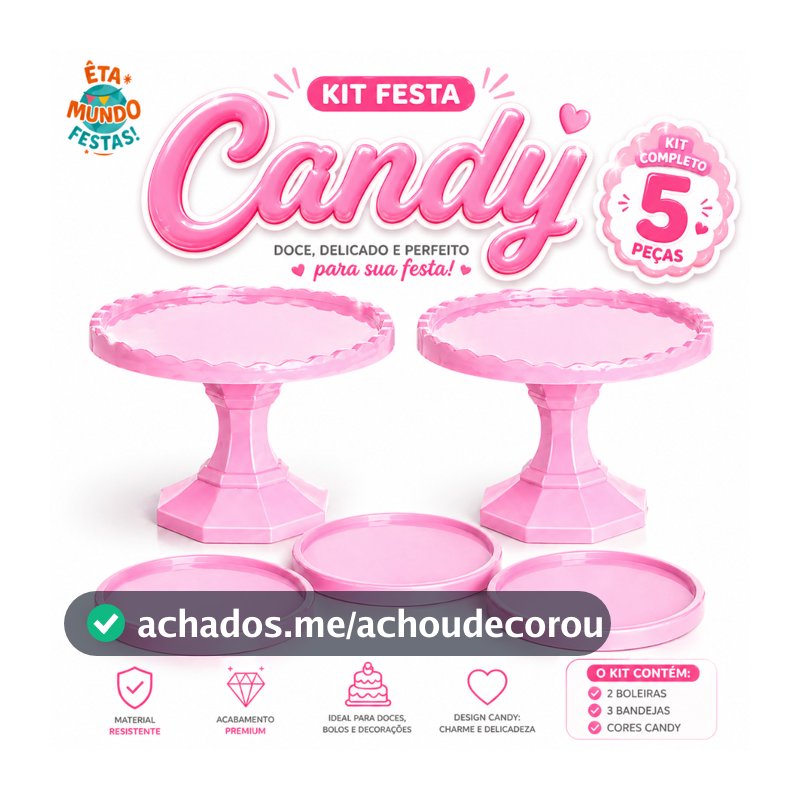KIT FESTA CANDY 2 MEDIA CAKE DIAMANTE + 3 BANDEJA REDONDA ANIVERSARIO DECORAÇÃO FESTA INFANTIL BOLOS