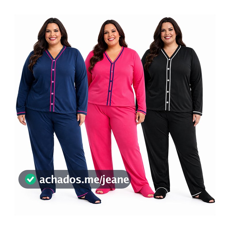Pijama Longo Plus Size Americano Feminino – Botão Malha Premium