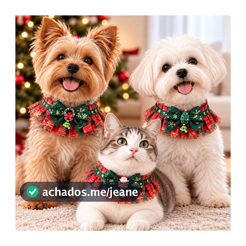 Coleira de Natal para Pets com Sino e Babado Acessórios Natalinos para Cachorros e Gatos