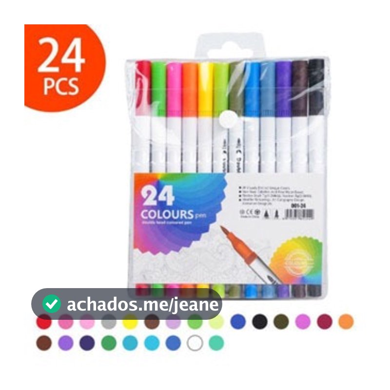 Kit 24 Canetas 2 em 1 Brush Lettering e Ponta Fina Dual Pen Canetinha Colorir Desenho