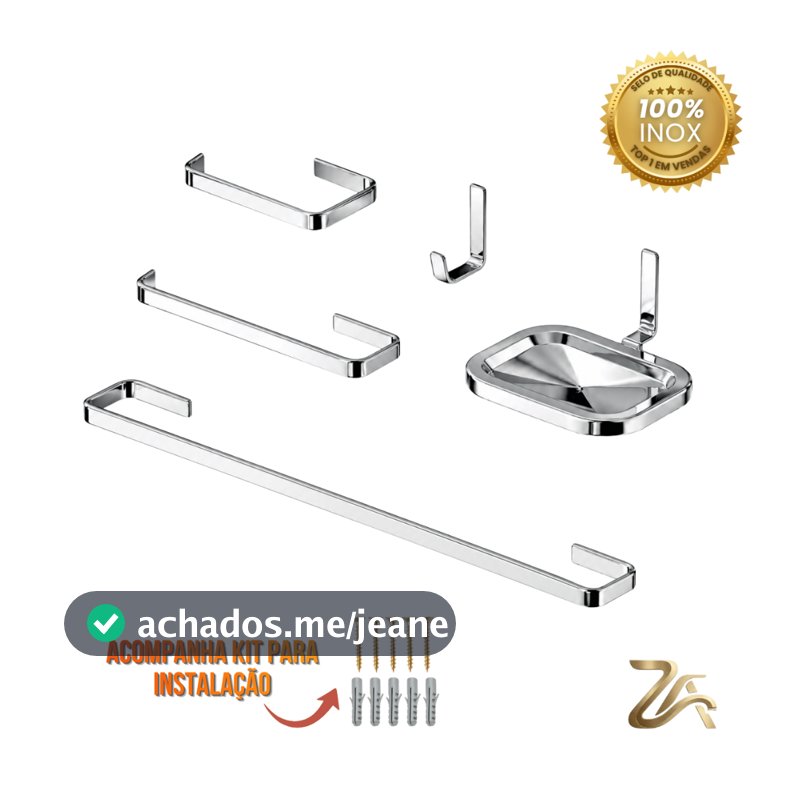 Kit Acessórios Banheiro Banheiro 5 Peças Cromado Quadrado INOX Completo