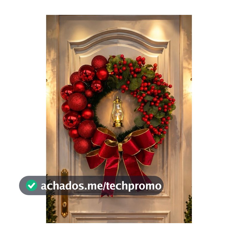 Guirlanda Natalina Luxo Luz de Natal 50cm com Lampião Iluminado, Laço e Bolas Vermelhas
