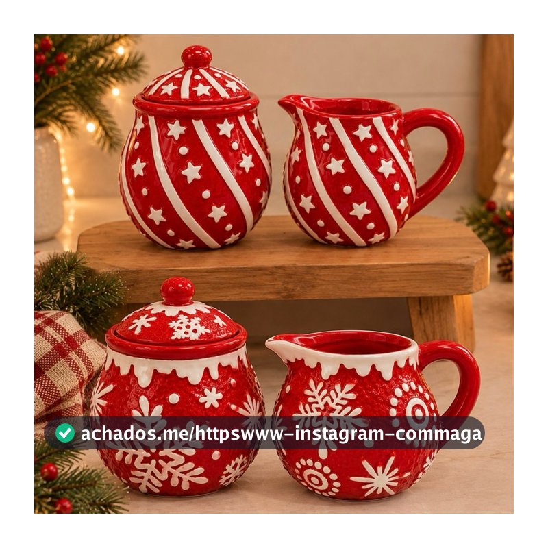 Kit 2 Pçs De Natal Açucareiro + Mini Leiteira De Porcelana Kit Natalino