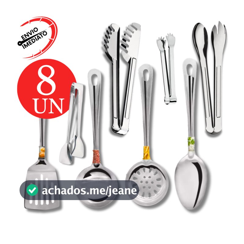 Kit Utensilios Aço Inox 8, 6 Peças Pegador Salada Carne Frios Massas Concha Espatula Escumadeira