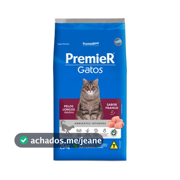 Ração Premier Ambientes Internos Pelos Longos para Gatos Adultos Sabor Frango 7,5kg