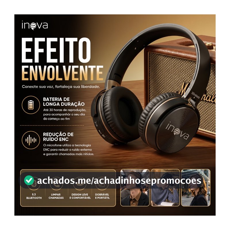 INOVA Fone Bluetooth Sem Fio Dobrável com Qualidade Som Hifi 5.4 Perfeito para Música, Chamadas Dia infantil presente